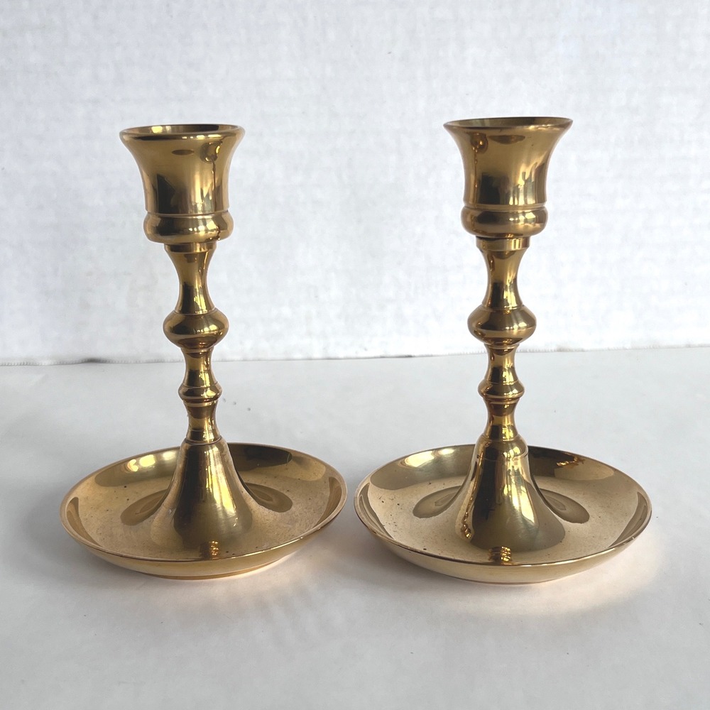 Vintage Enesco Solid Brass Candlestick Holders Set of 2 Made in India 5.25 inch